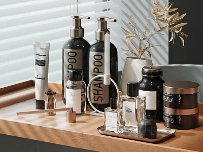 Daily Use Toiletries On Modern Bathroom Counter With Wooden Tray And Plants 3d model