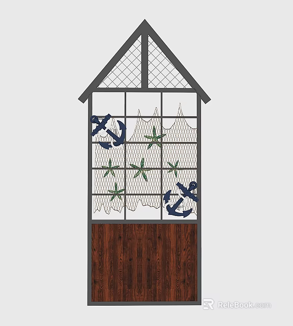 Decorative Room Divider With Grid Frame Anchor Starfish Net And Wooden Panel 3d model 