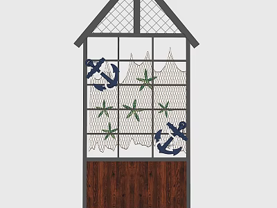 Decorative Room Divider With Grid Frame Anchor Starfish Net And Wooden Panel 3d model