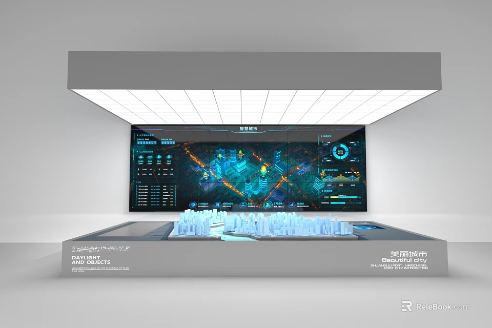 Modern Digital Display With Data Visualization And City Model On Interactive Screen 3d model 