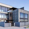 Modern Two Story Semi Detached Villa With Symmetrical Design Large Glass Windows And Stone Exterior