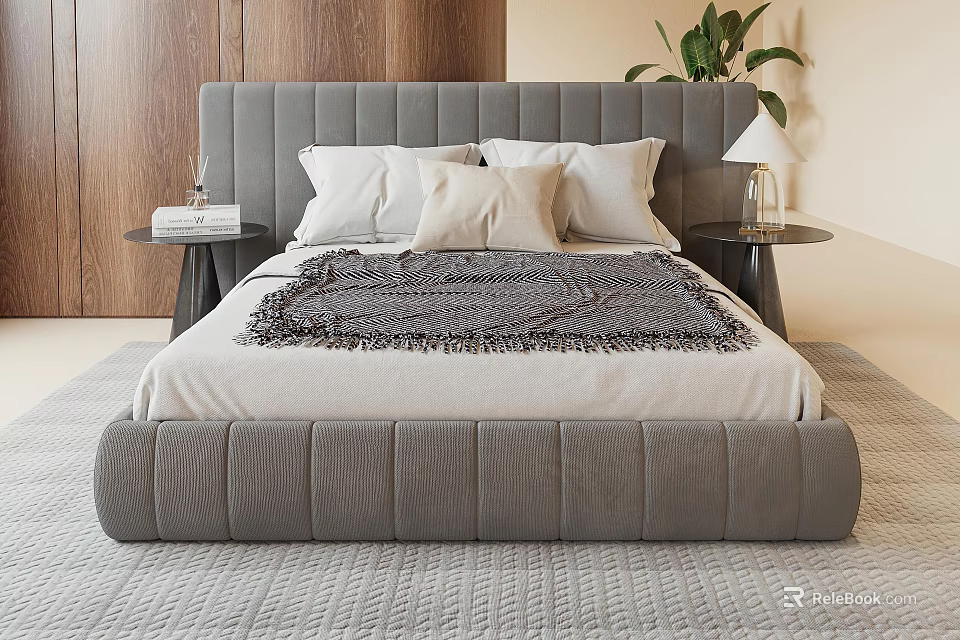 Double Bed with Upholstered Grey Headboard White Sheets Knitted Throw Wooden Panels and Green Plant 3d model 