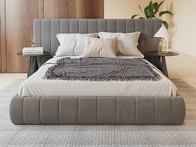 Double Bed with Upholstered Grey Headboard White Sheets Knitted Throw Wooden Panels and Green Plant 3d model