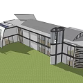 Modern Detached Villa With Large Glass Windows Geometric Design Lawn And Stone Steps