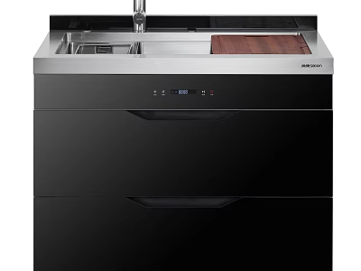 Modern Kitchen Integrated Sink Dishwasher With Stainless Steel Basin Wooden Cutting Board And Black Cabinet 3d model