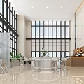 Modern Café Interior With Large Windows City View Green Plants Circular Bar And High Stools