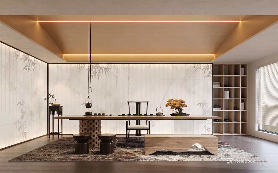 Zen Modern Tea Room Interior Design With Long Wooden Table Bamboo Wall And Bookshelves 3d model 