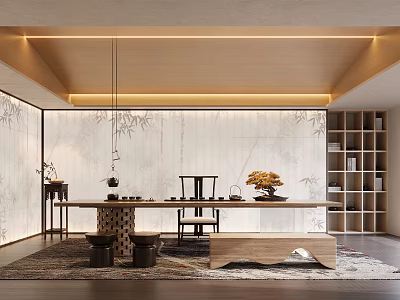 Zen Modern Tea Room Interior Design With Long Wooden Table Bamboo Wall And Bookshelves 3d model