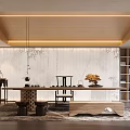 Zen Modern Tea Room Interior Design With Long Wooden Table Bamboo Wall And Bookshelves