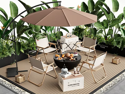 Outdoor Table and Chair Set With Umbrella Leafy Plants and Fruits on Wooden Deck 3d model