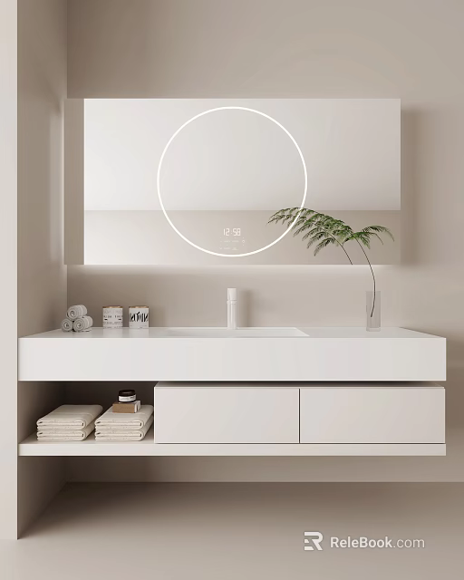 Modern Bathroom Vanity With Round Mirror Green Plant And Folded Towels 3d model 