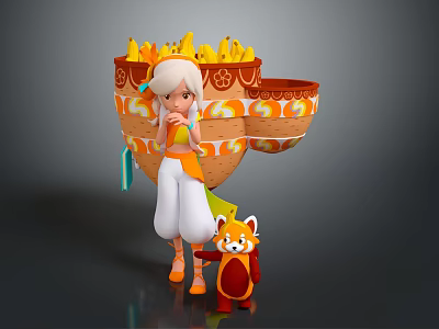 White Haired Girl With Small Red Fox Carrying Large Orange Patterned Basket And Yellow Fruits 3d model