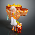 White Haired Girl With Small Red Fox Carrying Large Orange Patterned Basket And Yellow Fruits