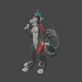 Cartoon Anthropomorphic Game Film Character with Gray Body Red Tail Green Ears and White Paws