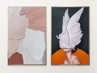 Framed Wall Art With Textured Abstract Painting And Feather Mask Figure On Orange Background 3d model