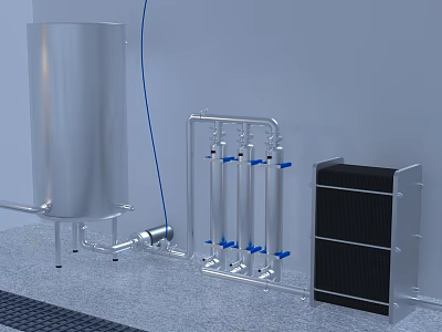 Stainless Steel Piping System with Blue Valves and Adjacent Storage Tank and Black Cabinet 3d model