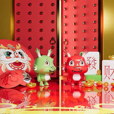 Chinese New Year Decorations With Dragon Dolls Lion Head And Gold Ingots For Fortune 3d model