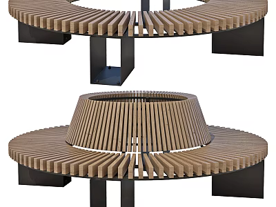 Circular Outdoor Chair With Wooden Slats And Central Conical Structure Black Metal Legs 3d model