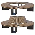 Circular Outdoor Chair With Wooden Slats And Central Conical Structure Black Metal Legs