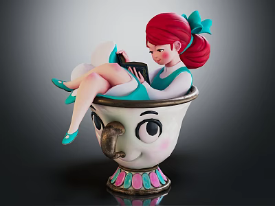 Game Movie Character Red Hair Girl Sitting in Faced Teacup With Green Attire 3d model