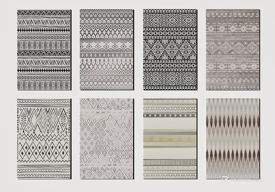 Modern Square Rugs Featuring Various Geometric Patterns Stripes And Beige Black Tones 3d model