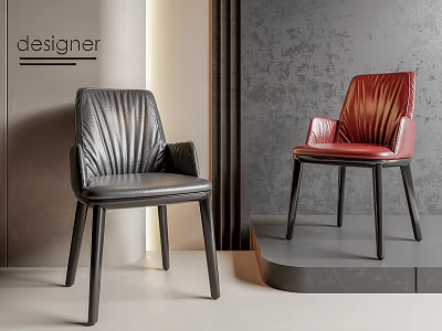 Modern Black and Red Leather Dining Chairs with Curved Back in Minimalist Setting 3d model