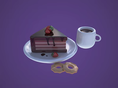Delicious Chocolate Cake With Strawberries And Coffee Cup Alongside Donuts On Purple Background 3d model