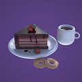 Delicious Chocolate Cake With Strawberries And Coffee Cup Alongside Donuts On Purple Background