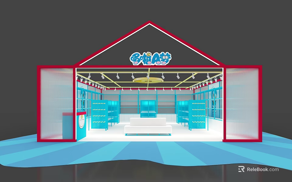Bright Retail Store Interior Design With Red Frame Blue Shelves And Display Stand 3d model 