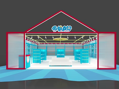 Bright Retail Store Interior Design With Red Frame Blue Shelves And Display Stand 3d model