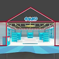 Bright Retail Store Interior Design With Red Frame Blue Shelves And Display Stand