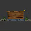Wooden Box Shaped Architectural Structure 3D Model on Green Grass with Stones and Small Decorations