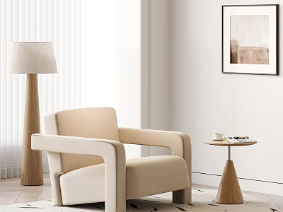 Modern Beige Armchair Interior With Floor Lamp Side Table And Wall Art 3d model