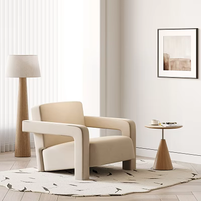 Modern Beige Armchair Interior With Floor Lamp Side Table And Wall Art 3d model