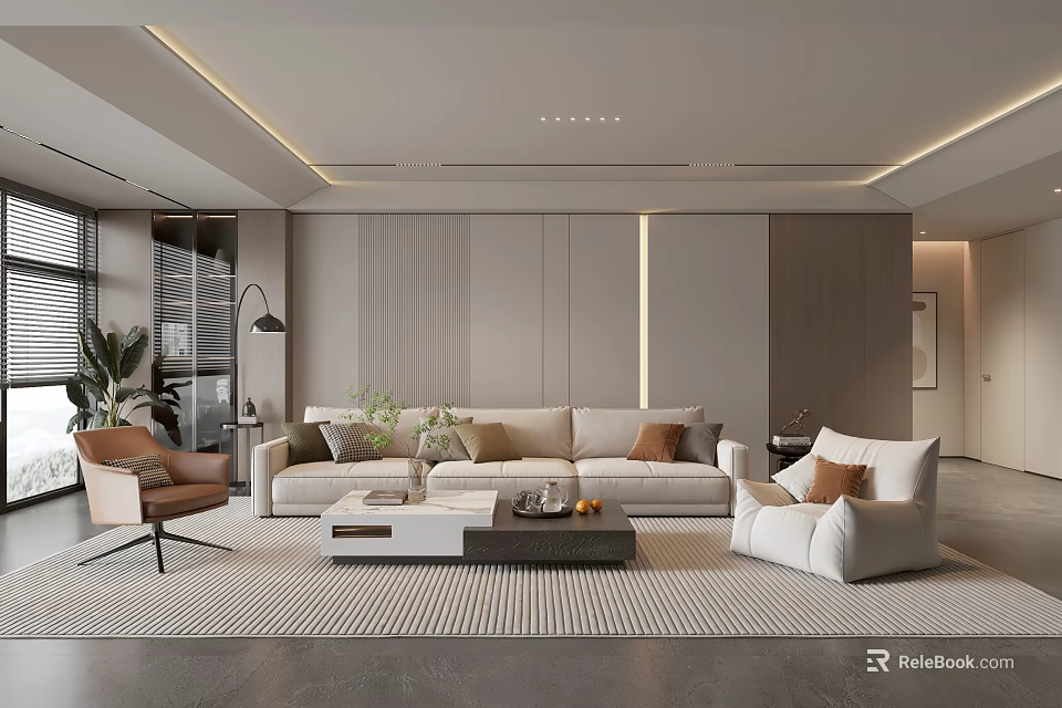 Modern Living Room Interior With Sofa Armchair Coffee Table Rug And Ceiling Light Strips 3d model 