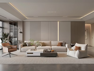 Modern Living Room Interior With Sofa Armchair Coffee Table Rug And Ceiling Light Strips 3d model