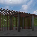 Wooden Pergola With Metal Support Columns Benches In Green Landscape Under Blue Sky