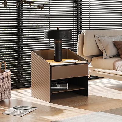 Modern Bedside Table Interior Design With Leather Panel Lamp Books And Storage Shelf 3d model