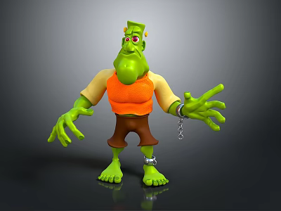 Green Monster 3D Character With Orange Vest Brown Pants Chains And Outstretched Arms 3d model