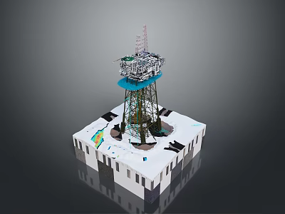 Decorative Oil Drilling Platform Model With White Square Base Green Structure And Antennas 3d model