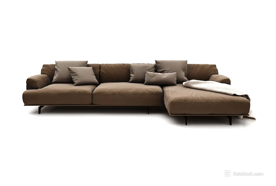 Brown Sectional Sofa With Multiple Plush Cushions And Cozy Throw Blanket Modern Design 3d model