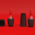 Perfume Cosmetics Display With Red Lipsticks Black Cap And Bottle On Red Background