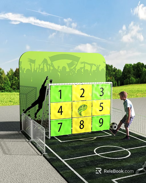 Outdoor Soccer Target Game With Numbered Grid Panel And Child Kicking Ball 3d model 