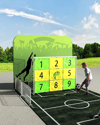 Outdoor Soccer Target Game With Numbered Grid Panel And Child Kicking Ball 3d model