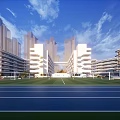 Modern School Buildings With Sports Field And Architectural Design Under Blue Sky