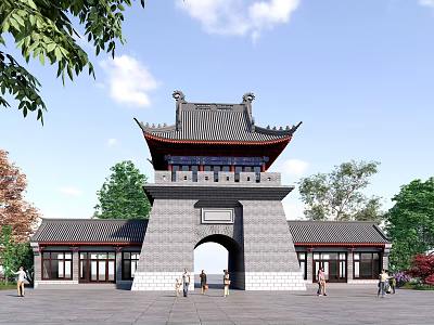 Traditional Ancient Architecture Gate Tower With Gray Stone Curved Eaves Roof Central Archway Trees And People 3d model