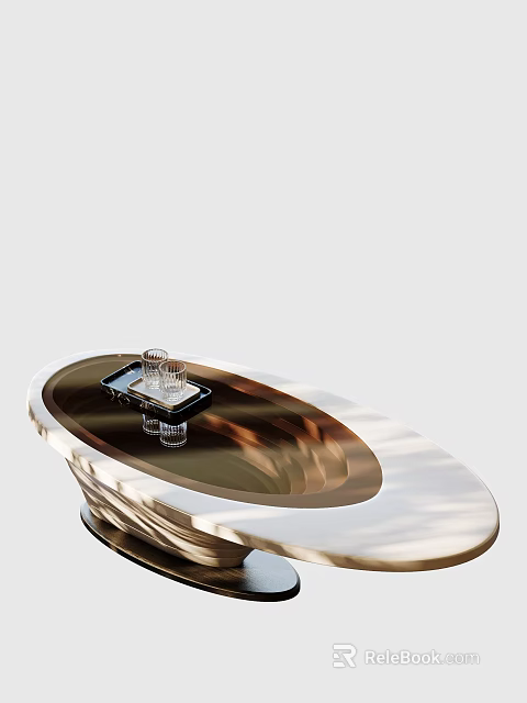 Oval Coffee Table With Shiny Surface Tray And Glass Cups 3d model