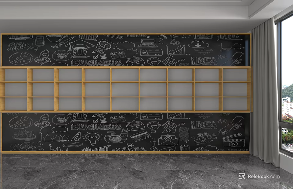 Creative Wooden Shelving Unit Against Blackboard Wall With Hand Drawn Art Doodles 3d model 