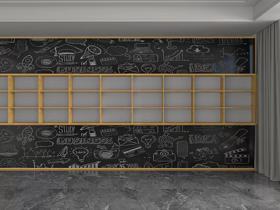 Creative Wooden Shelving Unit Against Blackboard Wall With Hand Drawn Art Doodles 3d model