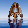 Modern Abstract Curved Metallic Sculpture in Silver and Orange on Calm Blue Water With Reflection